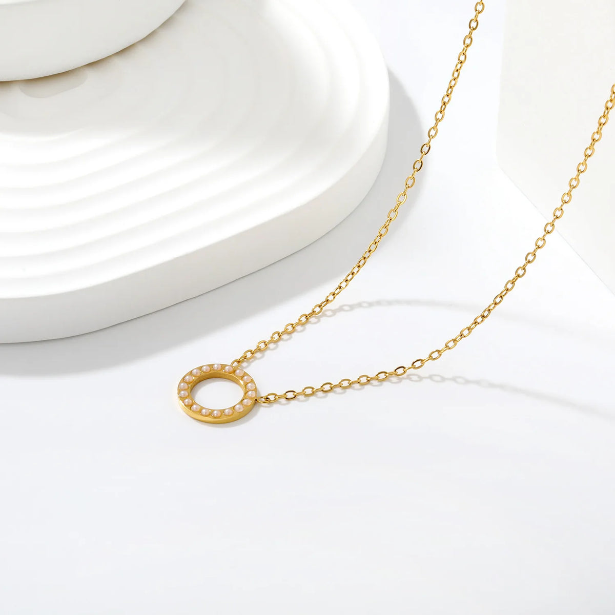 Hollow Circle Inlaid Pendant Necklace | 13mm 18K Gold Plated Ring Charm | 42+5cm Adjustable Chain