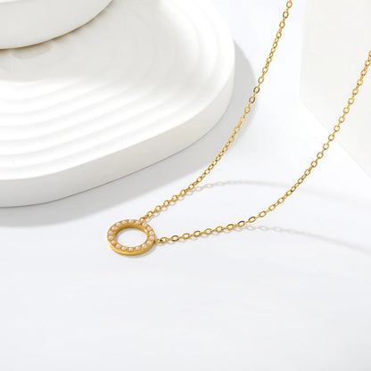 Hollow Circle Inlaid Pendant Necklace | 13mm 18K Gold Plated Ring Charm | 42+5cm Adjustable Chain
