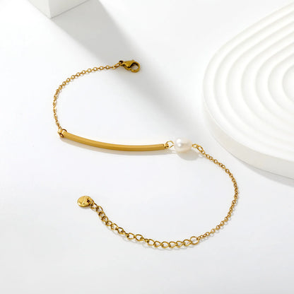 Minimalist Curved Bar Pearl Anklet 20+5cm Adjustable Chain 18K Gold Plated Jewelry | Wholesale MOQ 12