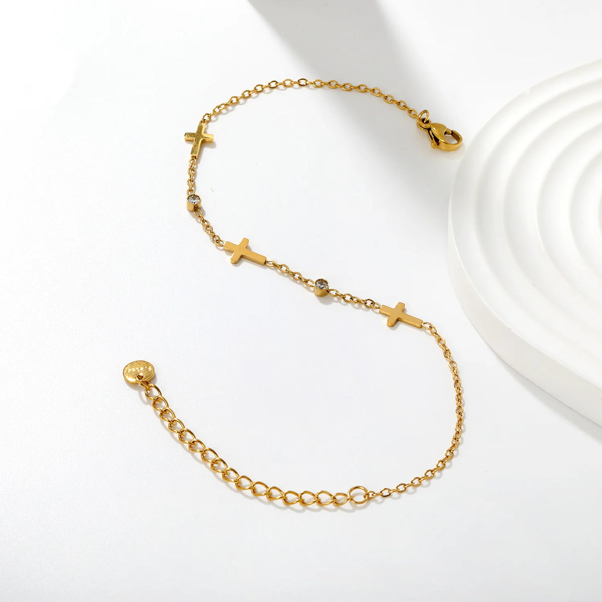 Dainty Cross Zircon Anklet 9x6mm Cross Charm 3mm CZ Stone 18K Gold Plated | Wholesale MOQ 12