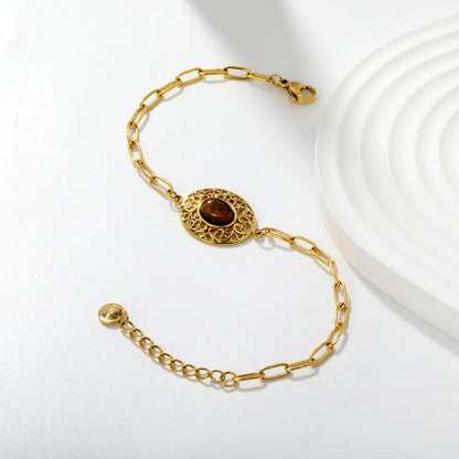 Vintage Filigree Tiger Eye Oval Charm Paperclip Bracelet | 19x15mm Hollow Pendant | 17+3cm Adjustable Chain
