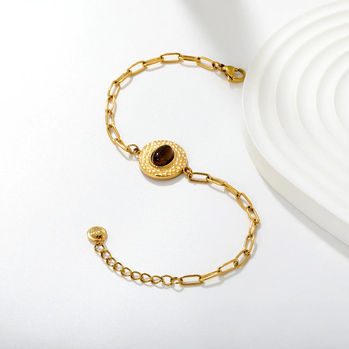 Boho Hammered Round Tiger Eye Paperclip Bracelet | 15.5mm Textured Disc Charm | 17+3cm Adjustable Chain