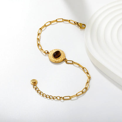 Boho Hammered Round Tiger Eye Paperclip Bracelet | 15.5mm Textured Disc Charm | 17+3cm Adjustable Chain