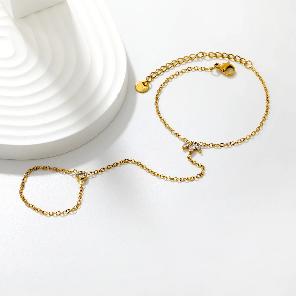 Dainty Marquise CZ Maple Leaf Hand Chain Bracelet With Attached Ring | 6x8mm Maple Leaf Charm | 5mm Round CZ | 15+5cm Cable Chain