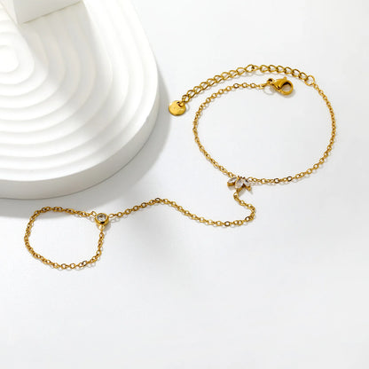 Dainty Marquise CZ Maple Leaf Hand Chain Bracelet With Attached Ring | 6x8mm Maple Leaf Charm | 5mm Round CZ | 15+5cm Cable Chain