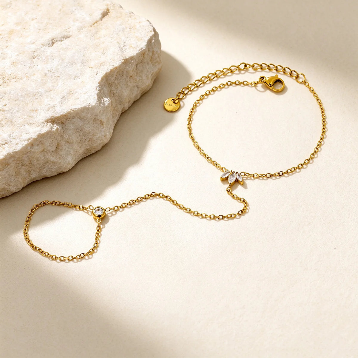 Dainty Marquise CZ Maple Leaf Hand Chain Bracelet With Attached Ring | 6x8mm Maple Leaf Charm | 5mm Round CZ | 15+5cm Cable Chain