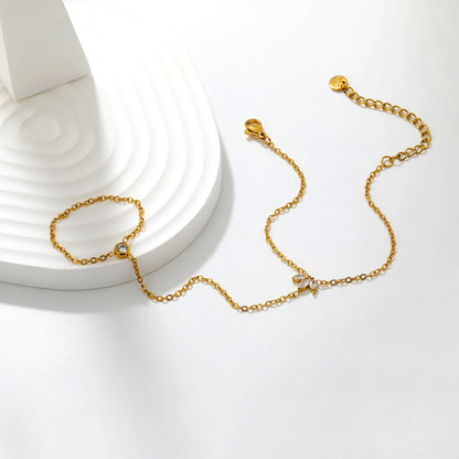 Dainty Marquise CZ Maple Leaf Hand Chain Bracelet With Attached Ring | 6x8mm Maple Leaf Charm | 5mm Round CZ | 15+5cm Cable Chain