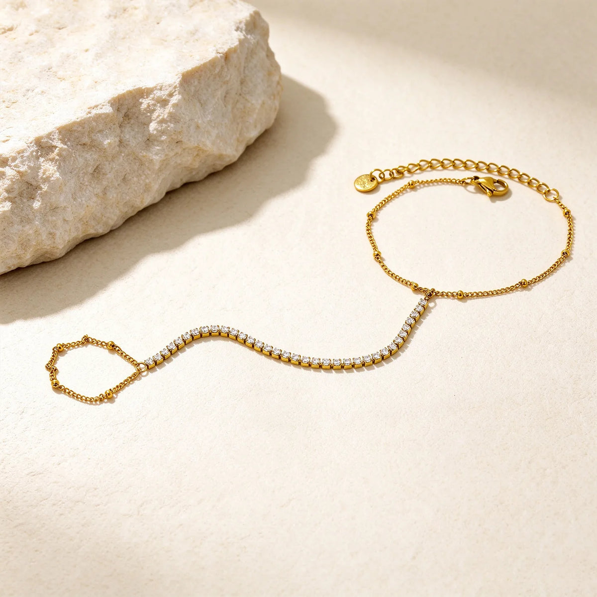 Vertical Tennis CZ Hand Chain Bracelet With Attached Ring | 2mm Round Zircons | 15+5cm Box Chain