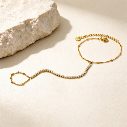 Vertical Tennis CZ Hand Chain Bracelet With Attached Ring | 2mm Round Zircons | 15+5cm Box Chain