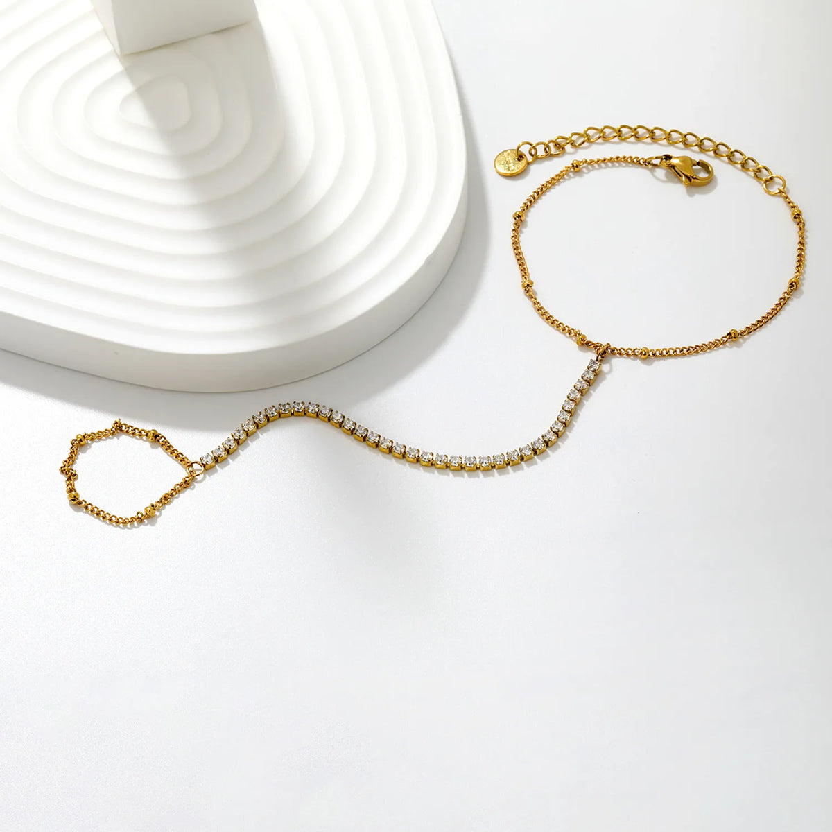 Vertical Tennis CZ Hand Chain Bracelet With Attached Ring | 2mm Round Zircons | 15+5cm Box Chain