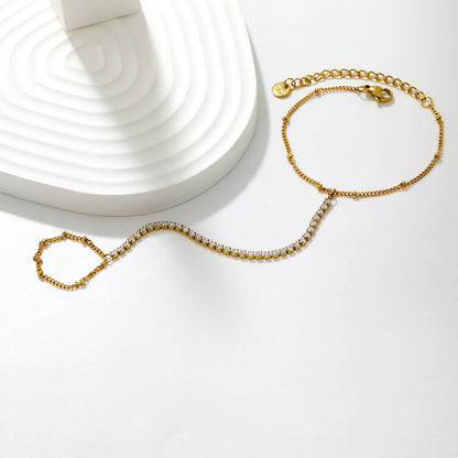 Vertical Tennis CZ Hand Chain Bracelet With Attached Ring | 2mm Round Zircons | 15+5cm Box Chain