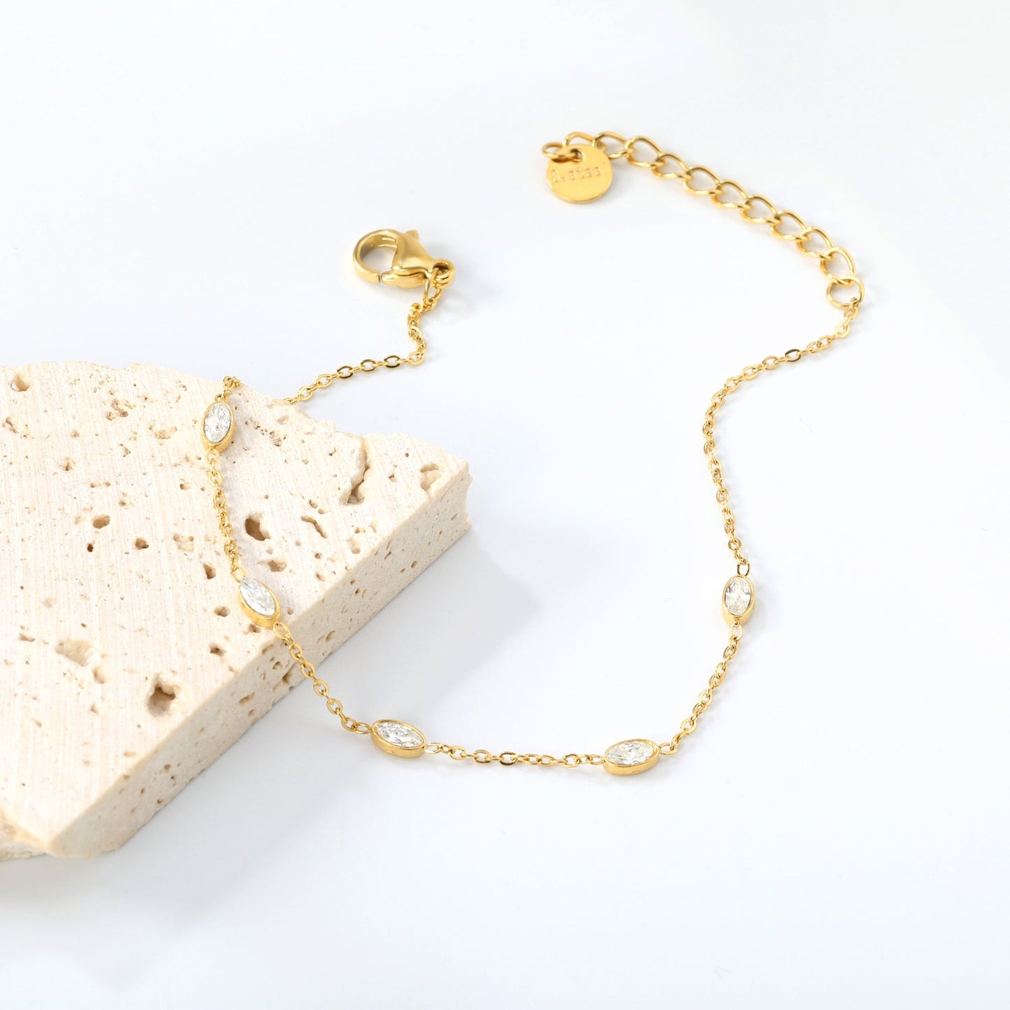 3*4.8mm Oval Sticky White Zirconium Accessories 0.3 Cross Chain*18+3cm+6mm Round Plaque Bracelet Golden