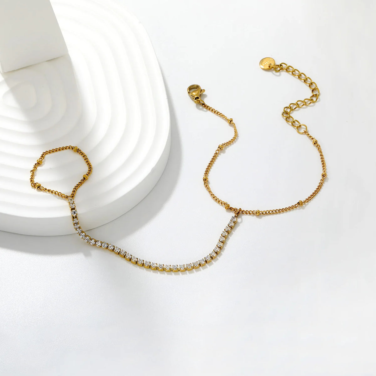 Vertical Tennis CZ Hand Chain Bracelet With Attached Ring | 2mm Round Zircons | 15+5cm Box Chain