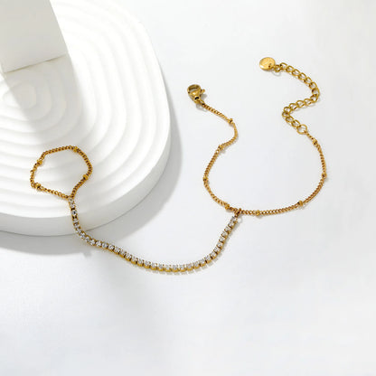 Vertical Tennis CZ Hand Chain Bracelet With Attached Ring | 2mm Round Zircons | 15+5cm Box Chain
