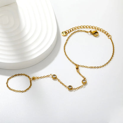 Scattered Bezel CZ Hand Chain Bracelet With Attached Ring | 5mm Round Zircons | 15+5cm Cable Chain