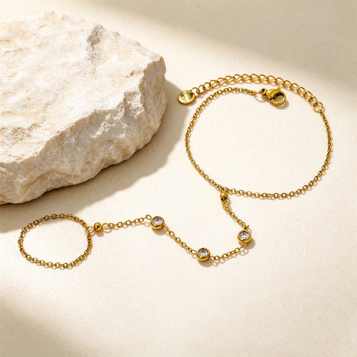 Scattered Bezel CZ Hand Chain Bracelet With Attached Ring | 5mm Round Zircons | 15+5cm Cable Chain