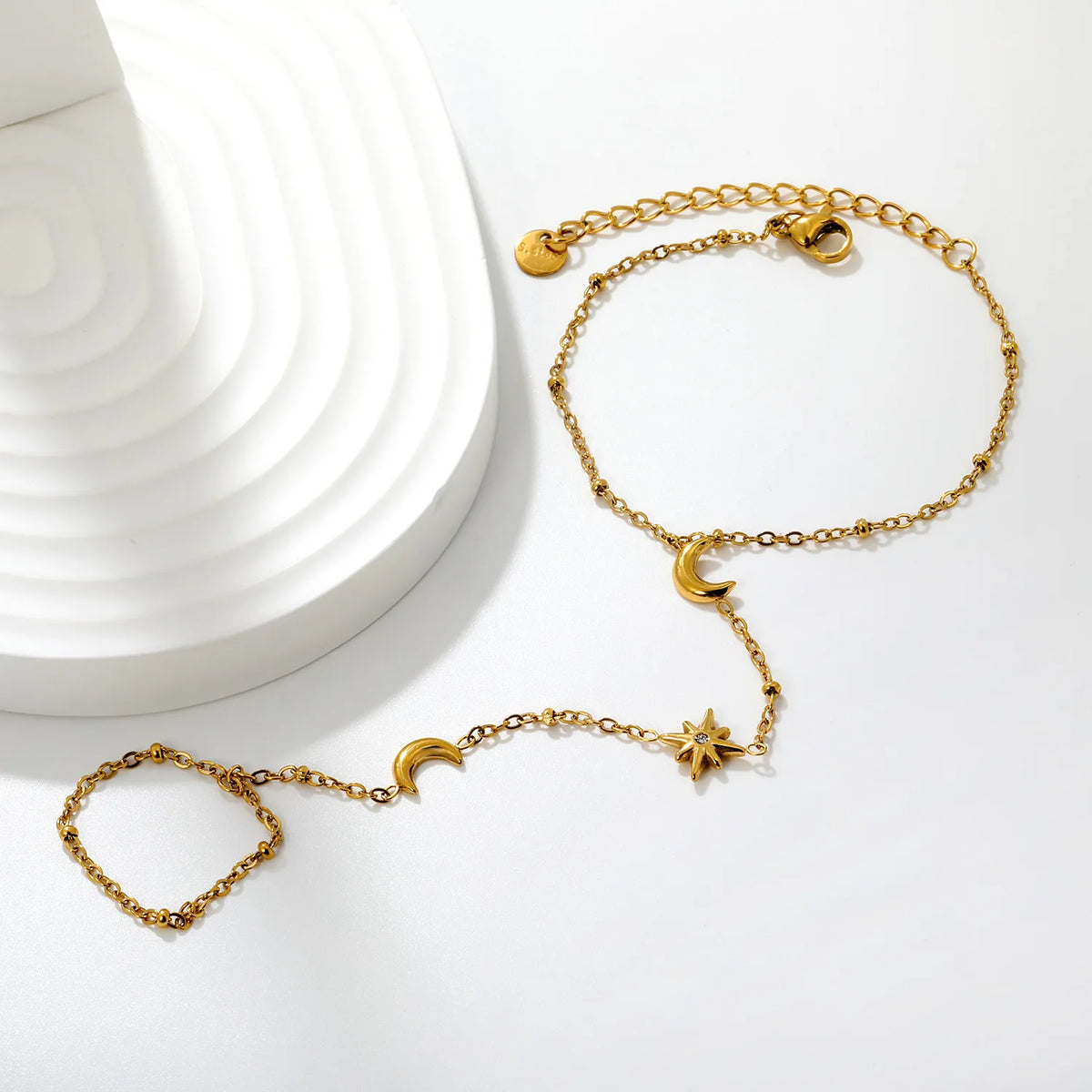 Moon Star Hand Chain Bracelet With Attached Ring | 6x8mm Crescent Moon | 9.5mm Star CZ Charm | 15+5cm Cable Chain