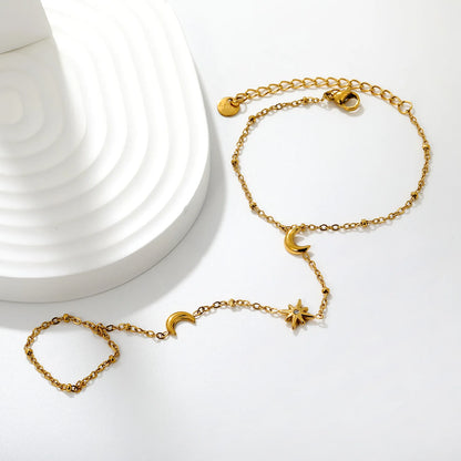 Moon Star Hand Chain Bracelet With Attached Ring | 6x8mm Crescent Moon | 9.5mm Star CZ Charm | 15+5cm Cable Chain