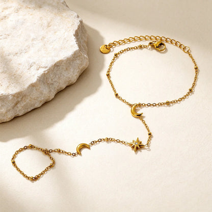 Moon Star Hand Chain Bracelet With Attached Ring | 6x8mm Crescent Moon | 9.5mm Star CZ Charm | 15+5cm Cable Chain
