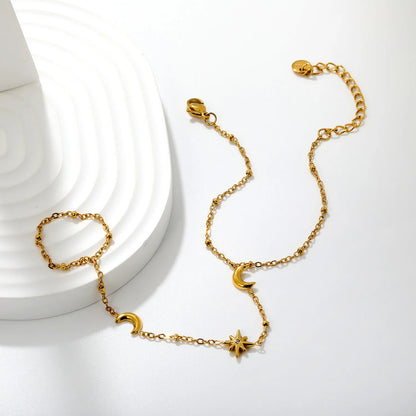 Moon Star Hand Chain Bracelet With Attached Ring | 6x8mm Crescent Moon | 9.5mm Star CZ Charm | 15+5cm Cable Chain