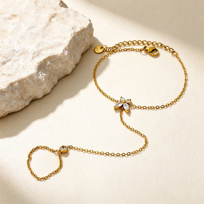 Marquise CZ Butterfly Hand Chain Bracelet With Attached Ring | 9x9mm Butterfly Charm | 5mm Bezel CZ | 15+5cm Cable Chain