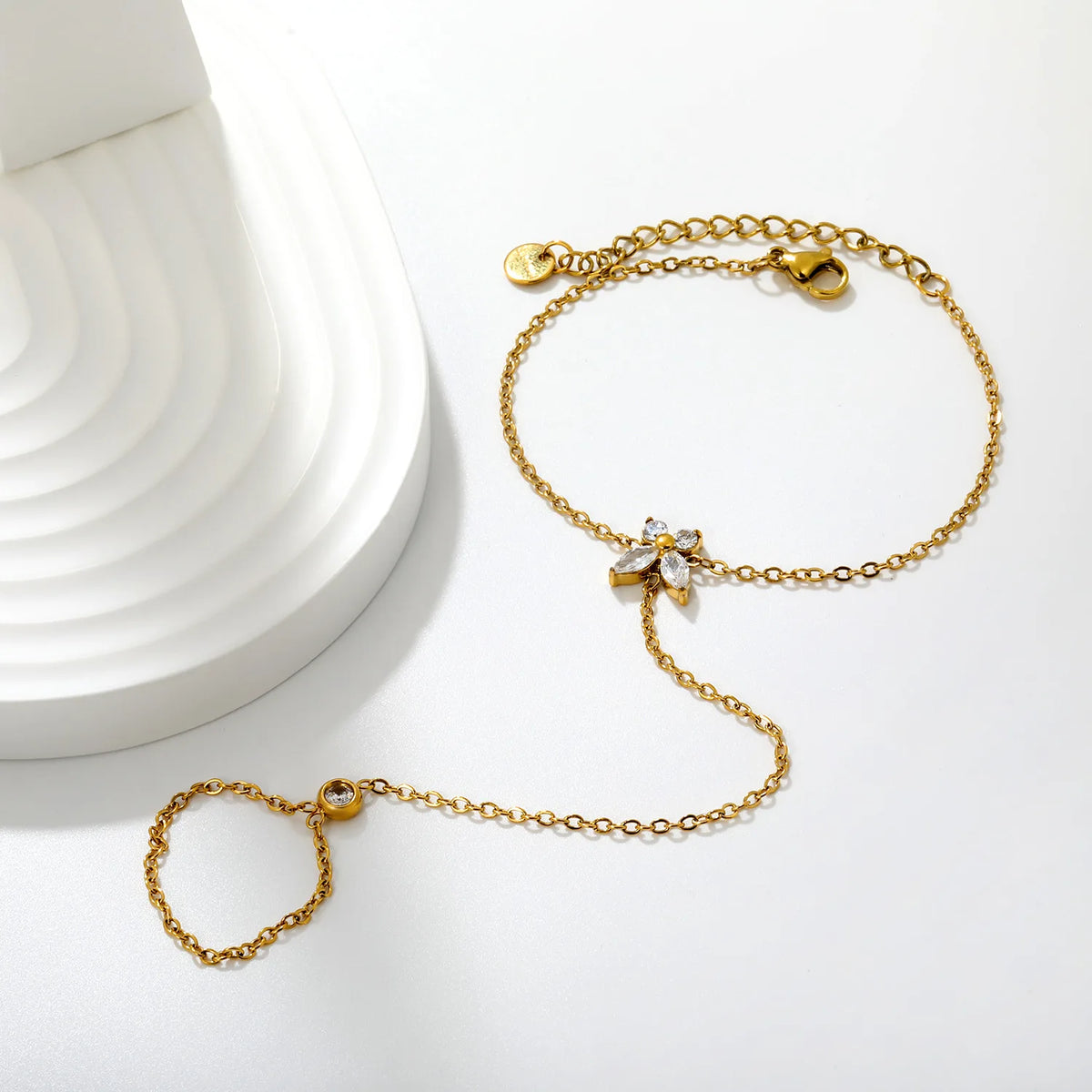 Marquise CZ Butterfly Hand Chain Bracelet With Attached Ring | 9x9mm Butterfly Charm | 5mm Bezel CZ | 15+5cm Cable Chain