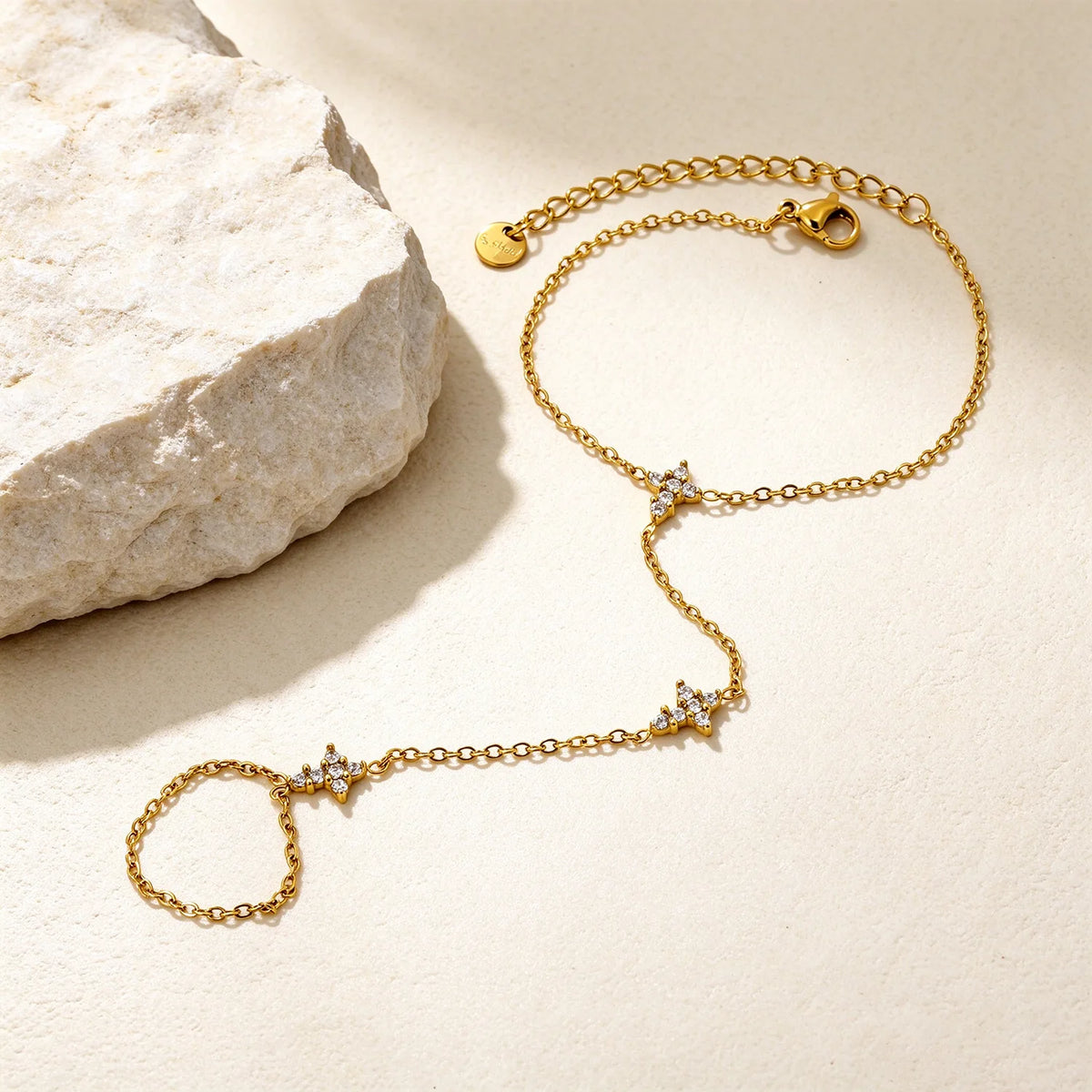 Dainty CZ Cross Hand Chain Bracelet With Attached Ring | 7x9mm Paved Cross Charms | 15+5cm Cable Chain