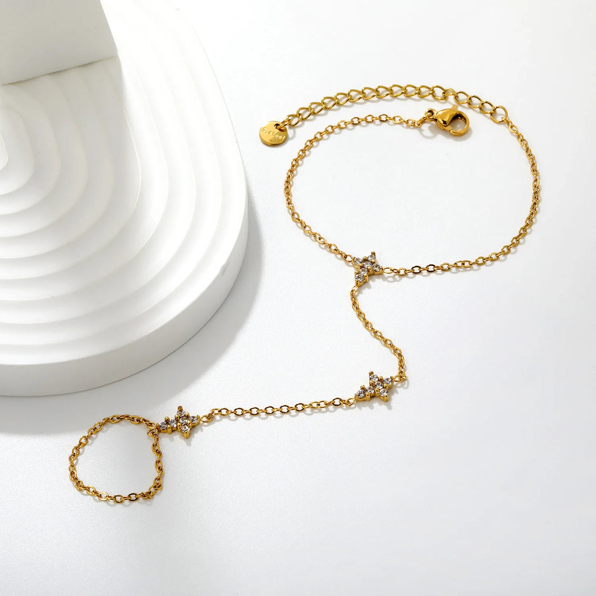 Dainty CZ Cross Hand Chain Bracelet With Attached Ring | 7x9mm Paved Cross Charms | 15+5cm Cable Chain