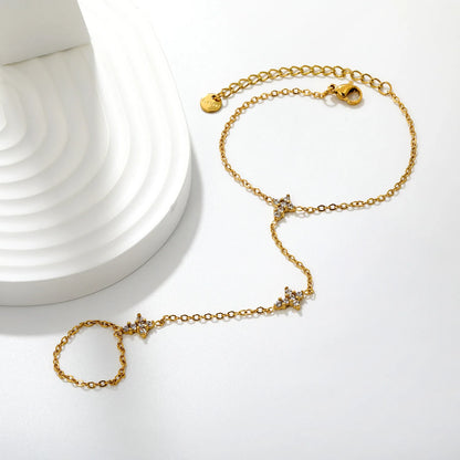 Dainty CZ Cross Hand Chain Bracelet With Attached Ring | 7x9mm Paved Cross Charms | 15+5cm Cable Chain