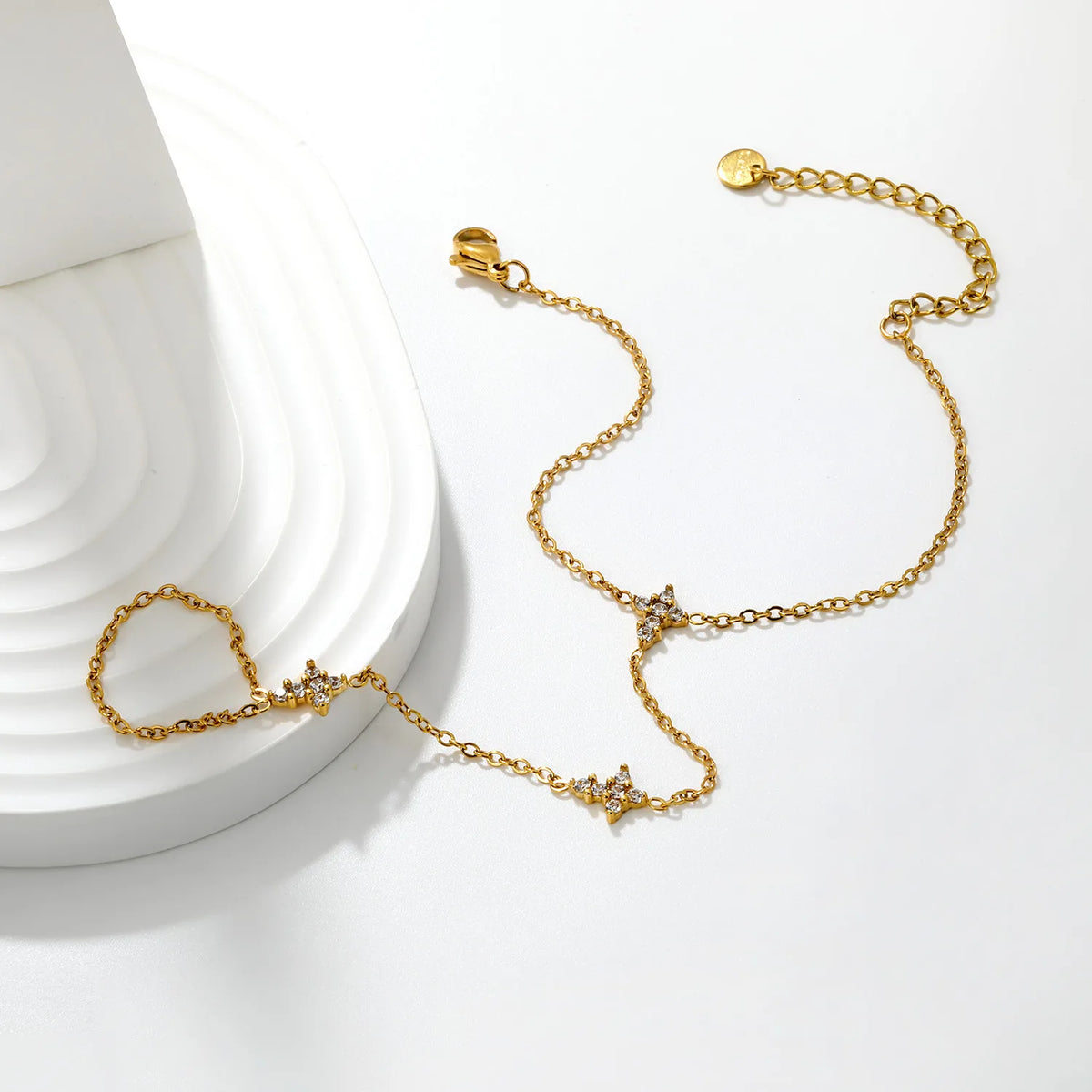 Dainty CZ Cross Hand Chain Bracelet With Attached Ring | 7x9mm Paved Cross Charms | 15+5cm Cable Chain
