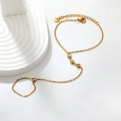 Vertical Bezel CZ Hand Chain Bracelet With Attached Ring | 5mm Round Zircon Charms | 15+5cm Cable Chain