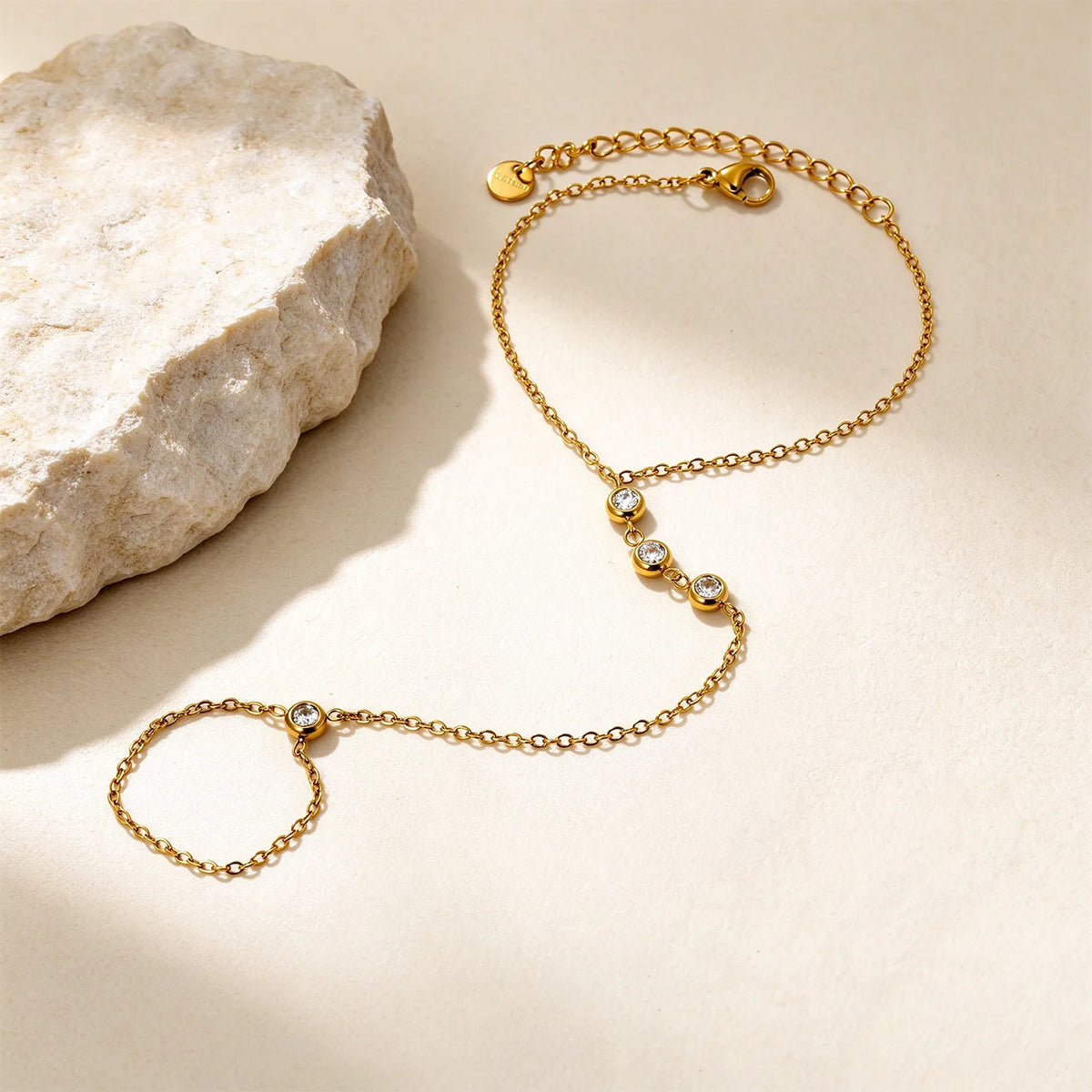 Vertical Bezel CZ Hand Chain Bracelet With Attached Ring | 5mm Round Zircon Charms | 15+5cm Cable Chain