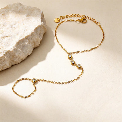 Vertical Bezel CZ Hand Chain Bracelet With Attached Ring | 5mm Round Zircon Charms | 15+5cm Cable Chain