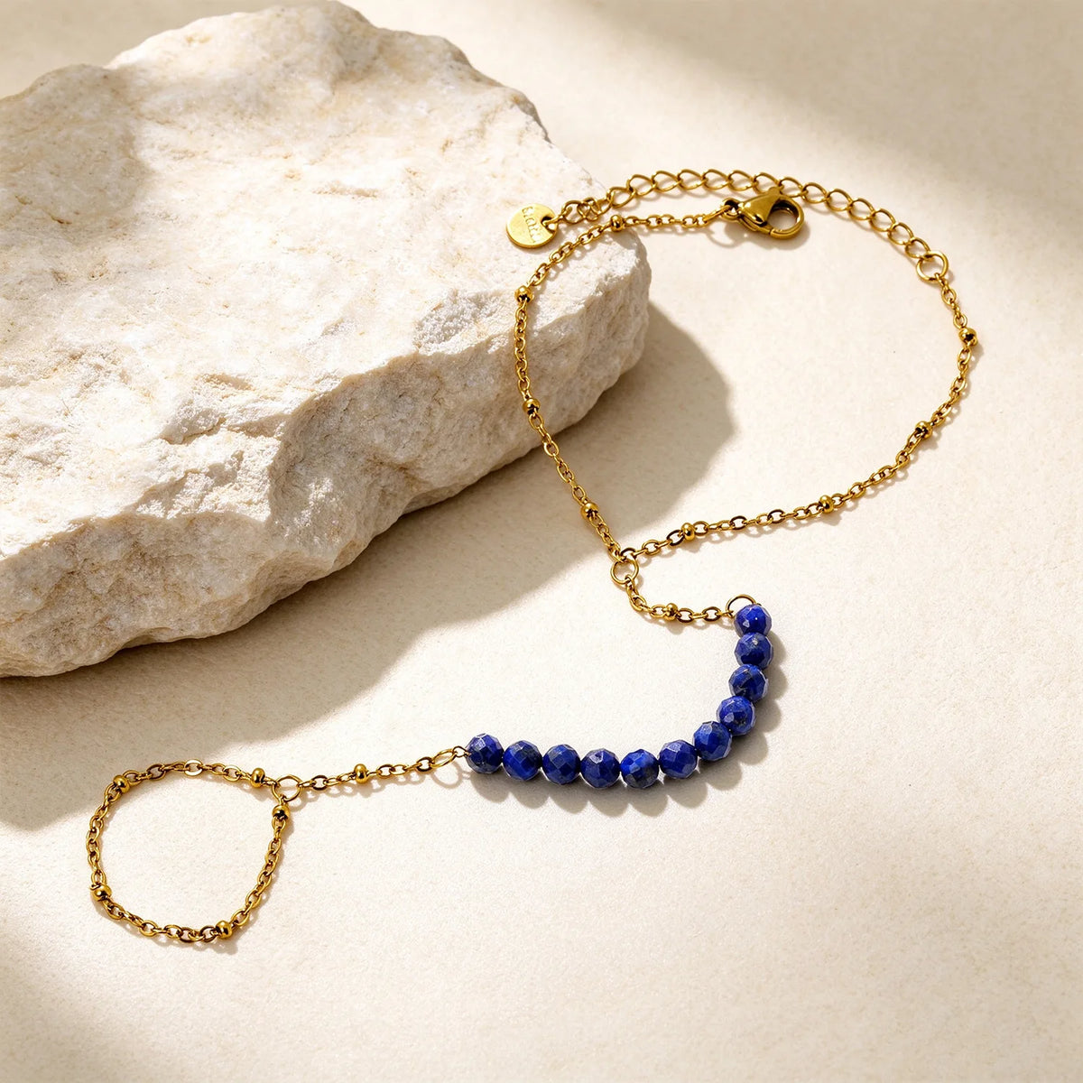 Faceted Blue Crystal Bead Hand Chain Bracelet With Attached Ring | 4mm Round Beads | 15+5cm Cable Chain