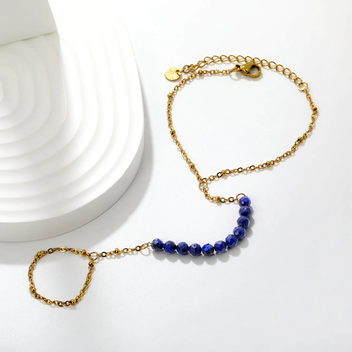 Faceted Blue Crystal Bead Hand Chain Bracelet With Attached Ring | 4mm Round Beads | 15+5cm Cable Chain