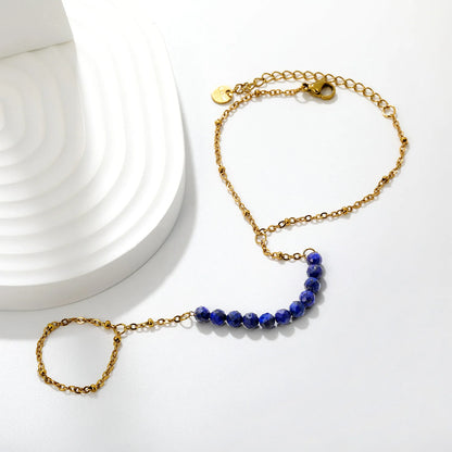 Faceted Blue Crystal Bead Hand Chain Bracelet With Attached Ring | 4mm Round Beads | 15+5cm Cable Chain