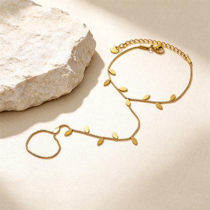Leaf Disc Hand Chain Bracelet With Attached Ring | 3x6mm Marquise Leaf Charms | 15+5cm Box Chain