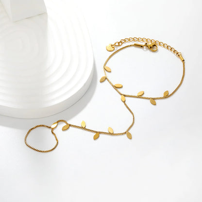 Leaf Disc Hand Chain Bracelet With Attached Ring | 3x6mm Marquise Leaf Charms | 15+5cm Box Chain