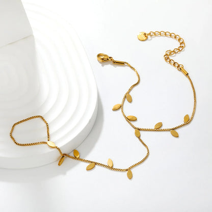 Leaf Disc Hand Chain Bracelet With Attached Ring | 3x6mm Marquise Leaf Charms | 15+5cm Box Chain
