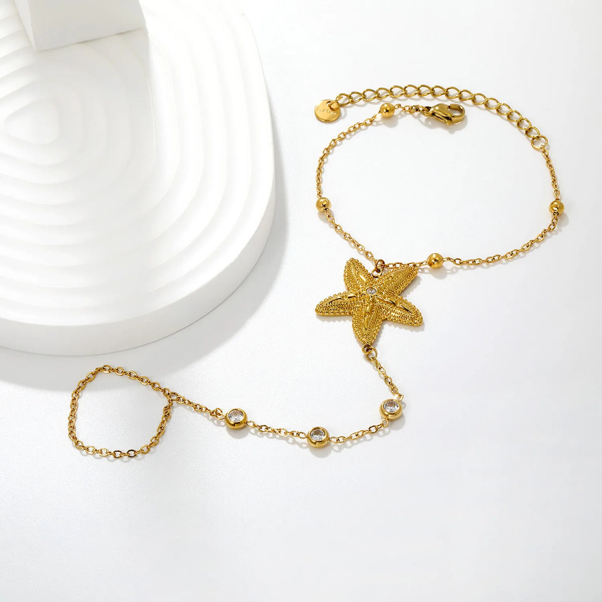 Beach Textured Starfish Hand Chain Bracelet With Attached Ring | 25mm Starfish Charm | 17+5cm Cable Chain