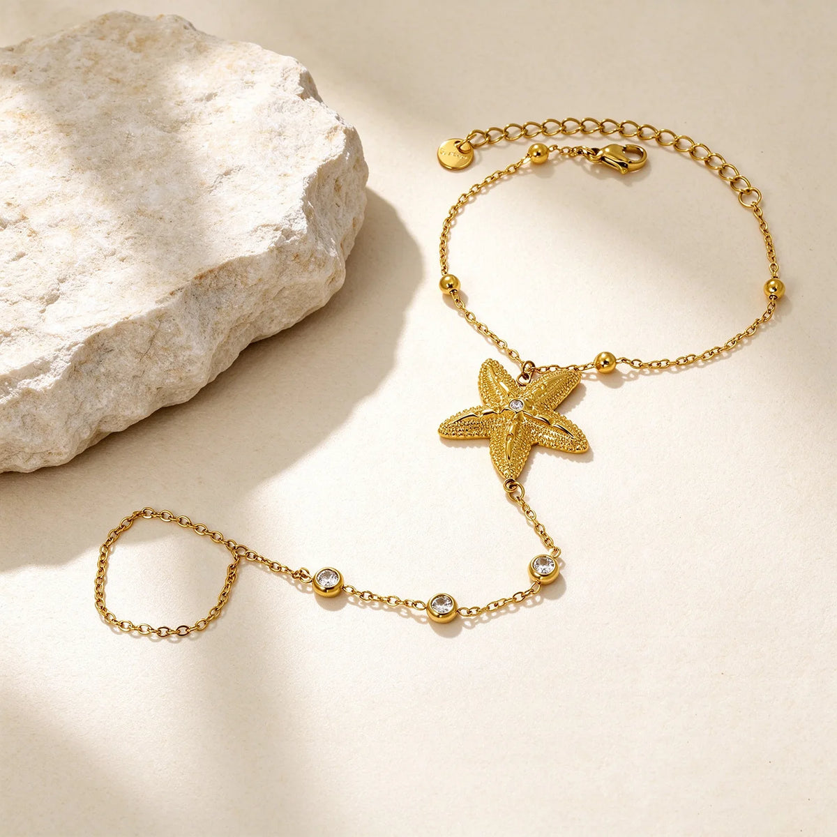 Beach Textured Starfish Hand Chain Bracelet With Attached Ring | 25mm Starfish Charm | 17+5cm Cable Chain