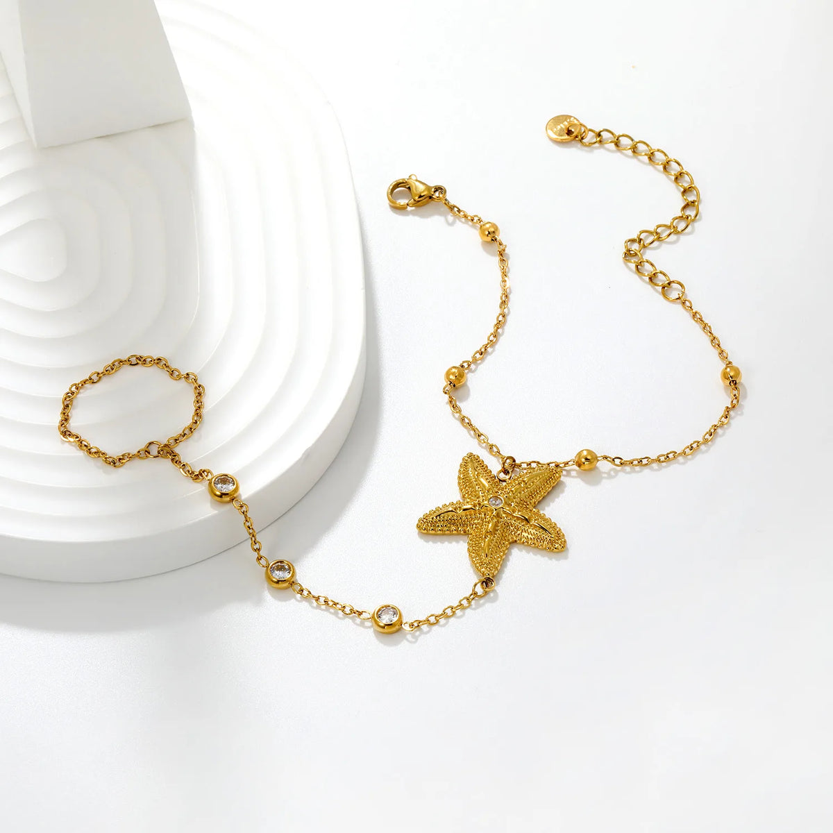 Beach Textured Starfish Hand Chain Bracelet With Attached Ring | 25mm Starfish Charm | 17+5cm Cable Chain
