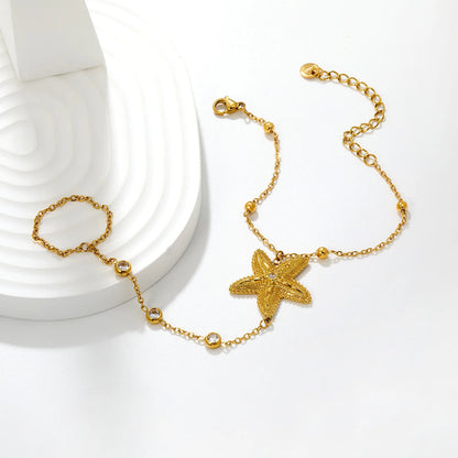 Beach Textured Starfish Hand Chain Bracelet With Attached Ring | 25mm Starfish Charm | 17+5cm Cable Chain