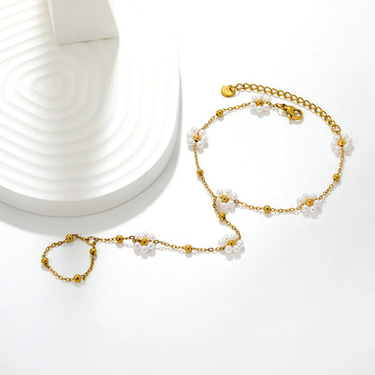 Beaded Flower Hand Chain Bracelet With Attached Ring | 9mm Pearl & Crystal Flower Charms | 15+5cm Cable Chain | Two Styles Available