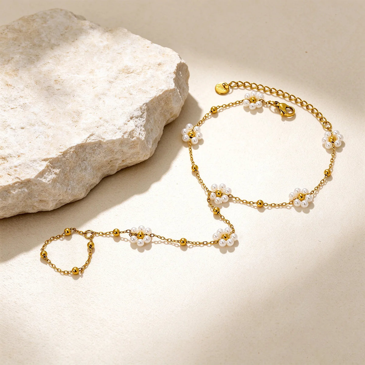Beaded Flower Hand Chain Bracelet With Attached Ring | 9mm Pearl & Crystal Flower Charms | 15+5cm Cable Chain | Two Styles Available