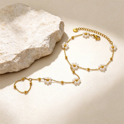 Beaded Flower Hand Chain Bracelet With Attached Ring | 9mm Pearl & Crystal Flower Charms | 15+5cm Cable Chain | Two Styles Available