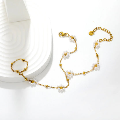 Beaded Flower Hand Chain Bracelet With Attached Ring | 9mm Pearl & Crystal Flower Charms | 15+5cm Cable Chain | Two Styles Available