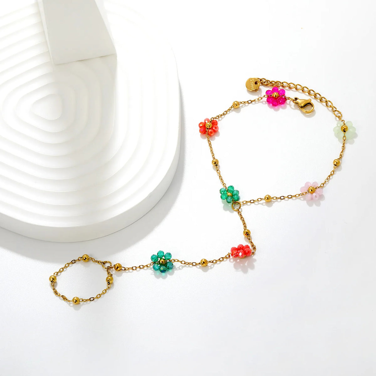 Beaded Flower Hand Chain Bracelet With Attached Ring | 9mm Pearl & Crystal Flower Charms | 15+5cm Cable Chain | Two Styles Available