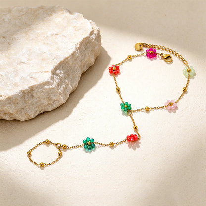 Beaded Flower Hand Chain Bracelet With Attached Ring | 9mm Pearl & Crystal Flower Charms | 15+5cm Cable Chain | Two Styles Available
