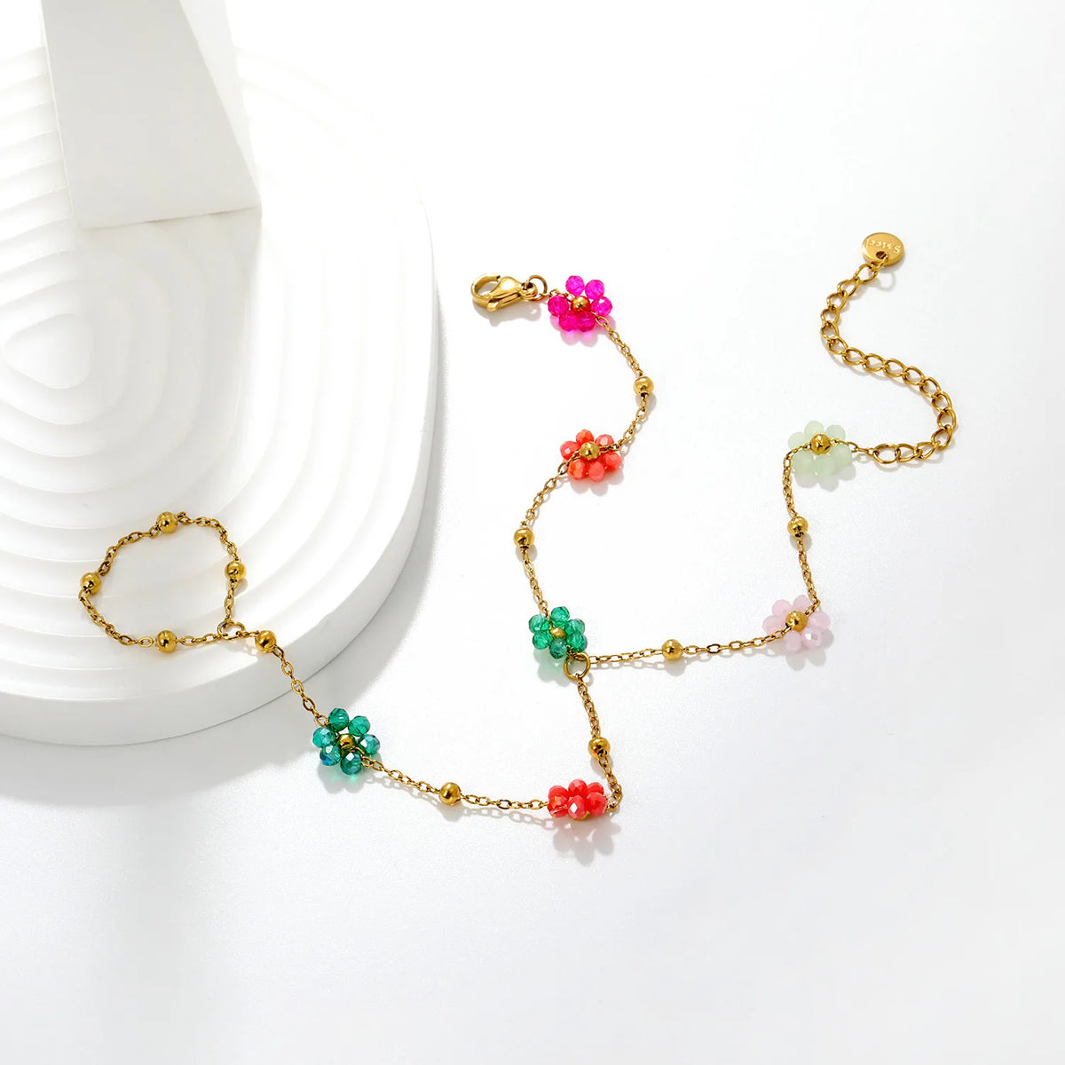 Beaded Flower Hand Chain Bracelet With Attached Ring | 9mm Pearl & Crystal Flower Charms | 15+5cm Cable Chain | Two Styles Available